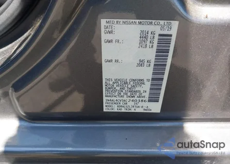 2019 Nissan Altima 2.0 Sr z USA, uszkodzony, nr VIN 1N4AL4CV5KC240386